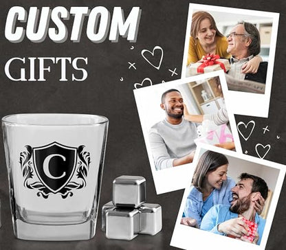 Whisky Gifts for Men, Personalized Initial Whiskey Glass with Whiskey Stones for Dad, Boyfriend, Best Friends, Coworkers, Husband, Brother, Uncle and Boss on Father's Day, Boss Day and Birthday - C - color: C