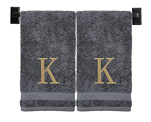 Grey Hand Towels for Bathroom with Monogram | Luxury Cotton Turkish Towels | Embroidered in USA | Set of 2 | Choose Set Color and Letter | A - Z | Modern Font - color: Grey