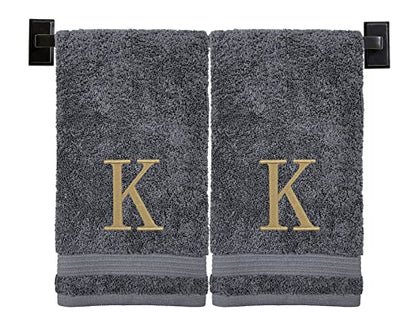 Grey Hand Towels for Bathroom with Monogram | Luxury Cotton Turkish Towels | Embroidered in USA | Set of 2 | Choose Set Color and Letter | A - Z | Modern Font - color: Grey
