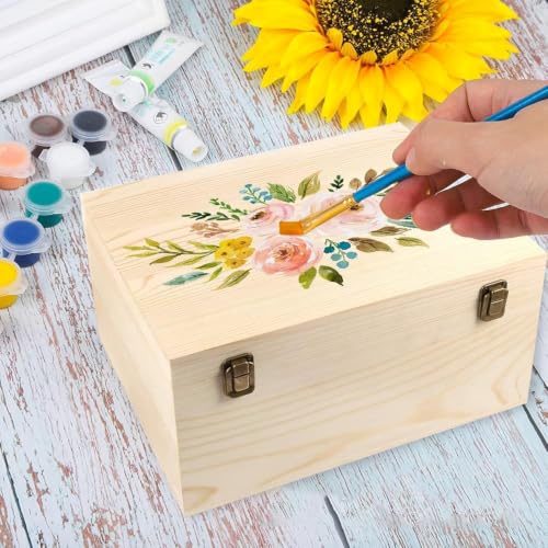 Unfinished Wooden Box 12x9x5 Inch Natural Wood Storage Box | Large Craft Stash Boxes, Hinged Lid Front Clasp Case, DIY Keepsake Art Hobbies Jewelry Organizer, Plain Memory Trunk