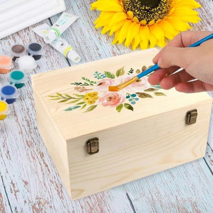 Unfinished Wooden Box 12x9x5 Inch Natural Wood Storage Box | Large Craft Stash Boxes, Hinged Lid Front Clasp Case, DIY Keepsake Art Hobbies Jewelry Organizer, Plain Memory Trunk