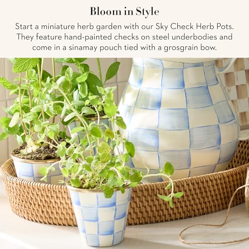 MACKENZIE-CHILDS Enamel Herb Pot Set, Small, Light-Blue-and-White Sky Check | Hand-painted design, small plant pots for herbs or flowers, 3.5" dia. x 3.25" H, 8-ounce capacity per pot, set of 3 - color: Sky Check