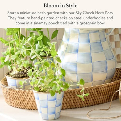 MACKENZIE-CHILDS Enamel Herb Pot Set, Small, Light-Blue-and-White Sky Check | Hand-painted design, small plant pots for herbs or flowers, 3.5" dia. x 3.25" H, 8-ounce capacity per pot, set of 3 - color: Sky Check