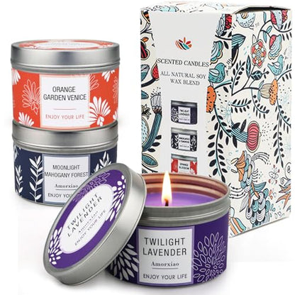 Scented Candle Gift Set for Women, 3 Pack Large Soy Wax Candles in Tins, 6.2 oz Each, 30-35 Hr Burn, Lavender, Orange Blossom & Mahogany Woods - size: Large 3-Tin Candle Set