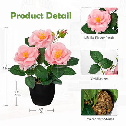 Hollyone Artificial Plants & Flowers with Vase Dark Pink Roses Artificial Flowers Small Potted Plant Faux Silk Flower with Black Pot Fake Rose Flower Arrangement Office Shelf Desk Home Decor 11 Inch - color: Rose 2 - Dark Pink (11inch)