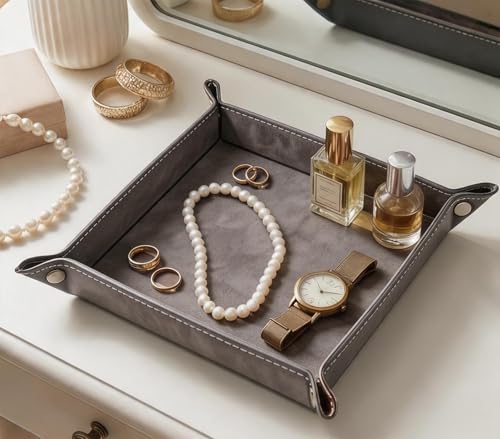 Valet Tray Desktop Storage Organizer – Vegan Leather Catchall Bedside Vanity Tray Nightstand Caddy Holder for Remote Controller, Watch, Keys, Phone, Wallet, Coin, Jewelry, Stone Gray Brown - color: Stone Gray Brown