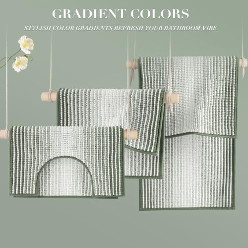 Bathroom Rugs Sets 3 Piece, Toilet Rugs U-Shaped Contour Bath Mat Set, Striped Absorbent Non Slip Chenille Shower Mat, Greyish Green - color: Greyish Green, size: 20"x32"+16"x24"+U Shape 20"x24"