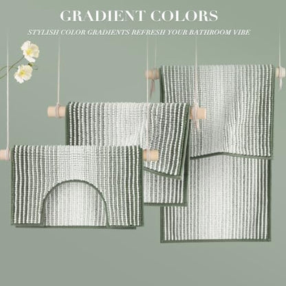Bathroom Rugs Sets 3 Piece, Toilet Rugs U-Shaped Contour Bath Mat Set, Striped Absorbent Non Slip Chenille Shower Mat, Greyish Green - color: Greyish Green, size: 20"x32"+16"x24"+U Shape 20"x24"