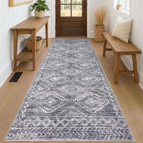 KILOCOCO Washable Runner Rug 3x8 ft Non-Slip Hallway Runners, Grey | Low-Pile Runners for Hallway, Rubber Backed Runner Rug, Printed Kitchen Runner Rug, Soft Geometric Rugs for Hall Living Room - color: Grey, size: 3' x 8' (Runner)