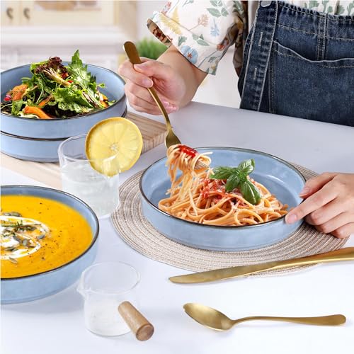 LIANYU Pasta Bowls Set of 4, 8.25’’ Wide Shallow Salad Serving Plate | Stoneware Ceramic Dinner Bowl Plates for Home Kitchen, Microwave & Dishwasher Safe, Serenity Blue - color: Serenity Blue