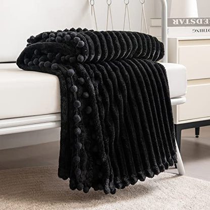 DISSA Fleece Blanket Throw Size – 51x63, Black – Soft, Plush, Fluffy, Fuzzy, Warm, Cozy – Perfect Throw for Couch, Bed, Sofa - with Pompom Fringe - Flannel Blanket Throw Blanket - color: Black, size: 51x63"