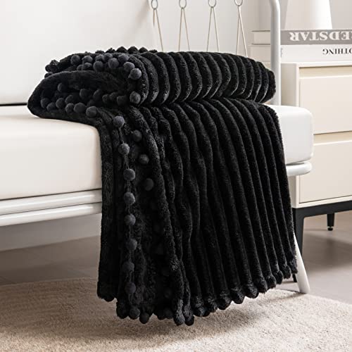 DISSA Fleece Blanket Twin Size – 60x80, Black - Soft, Plush, Fluffy, Fuzzy, Warm, Cozy – Perfect Throw for Couch, Bed, Sofa - with Pompom Fringe - Flannel Blanket - color: Black, size: 60x80"
