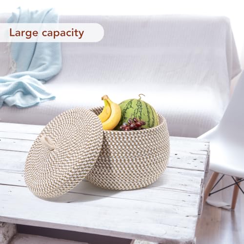 Storage Basket with Lid, 8"x6" Round Woven Blanket Storage for Living Room, Decorative Cotton Rope Hamper with Zipper Top, Wicker Basket with Lid, Floor Covered Kids Dog Toy Bin
