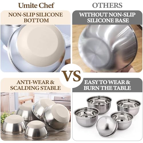 Umite Chef Mixing Bowls with Airtight Lids Set, 8PCS Stainless Steel Nesting Bowls with Grater Attachments, Non-Slip Bottoms, 5, 4, 3.5, 2, 1.5QT for Mixing & Serving - color: Khaki