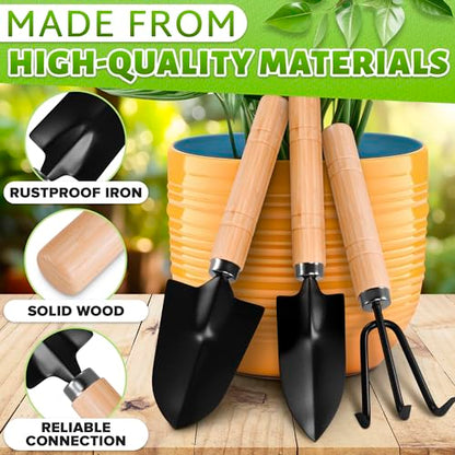 Mini Garden Tools for House Plants, Mini Shovel, Trowel & Hand Rake | Small Garden Tools for Potted Plants, Bonsai and Succulents; Rust-Resistant Heads; Wood Handles; Repotting and Soil Loosening