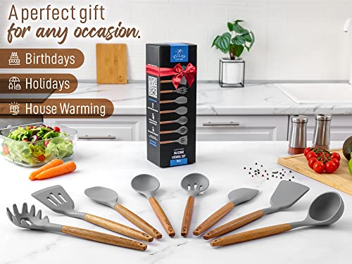 Zulay Kitchen 8 Piece Silicone Utensil Set | Non-Stick Silicone Cooking Utensils Set with Acacia Wood Handles - 464°F Heat Resistance Kitchen Utensils Set - Gray - color: Elegant Grey, size: 8-Piece Set