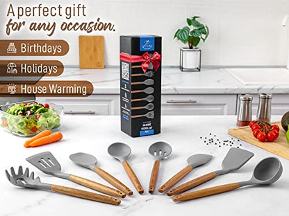 Zulay Kitchen 8 Piece Silicone Utensil Set | Non-Stick Silicone Cooking Utensils Set with Acacia Wood Handles - 464°F Heat Resistance Kitchen Utensils Set - Gray - color: Elegant Grey, size: 8-Piece Set