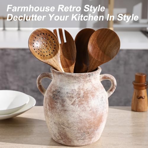 Ceramic Farmhouse Kitchen Utensil Holder for Countertop, Rustic Cooking Utensil Holder Crock Fit for Kitchen Counter. 6.2 x 6.2x 7 IN