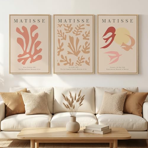 Framed Large Matisse Abstract Wall Art Set of 3, Vintage Neutral Pink Floral Botanical Canvas Prints, Classical Matisse Paintings Pictures for Living Room, Bedroom, Hallway, Office Decor, Total Size 30x60 In - color: Pink, size: 20"W x 30" H x 3Pcs