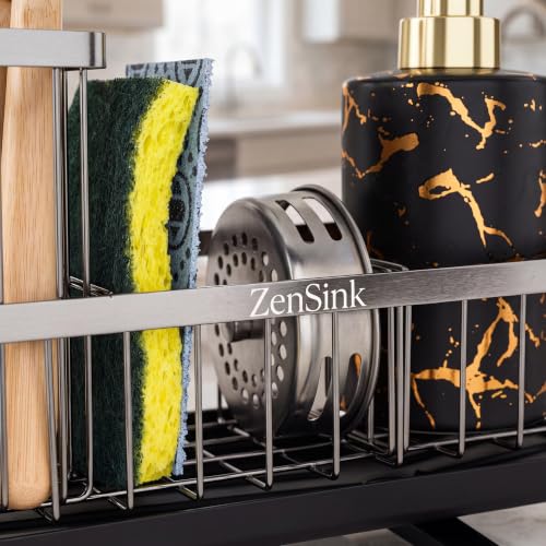 ZenSink Sponge Holder for Kitchen Sink, Kitchen Sink Caddy Organizer with Drain Tray, High Brush Holder, Rustproof 304 Stainless Steel Kitchen Counter Organizer