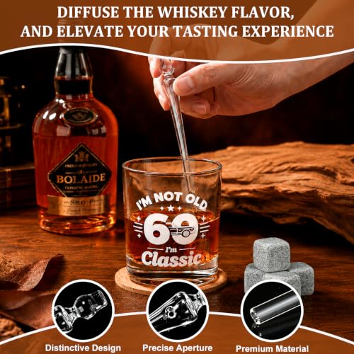 60th Birthday Gifts for Men - "I'm Not Old I'm Classic" Whiskey Glass Set | 6 Whiskey Stones, Coaster, Pipette, Tongs & Greeting Card, Perfect 60th Birthday Surprise for Dad, Grandpa Who Loves Scotch - style: 60th Mens Gifts