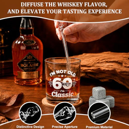 60th Birthday Gifts for Men - "I'm Not Old I'm Classic" Whiskey Glass Set | 6 Whiskey Stones, Coaster, Pipette, Tongs & Greeting Card, Perfect 60th Birthday Surprise for Dad, Grandpa Who Loves Scotch - style: 60th Mens Gifts