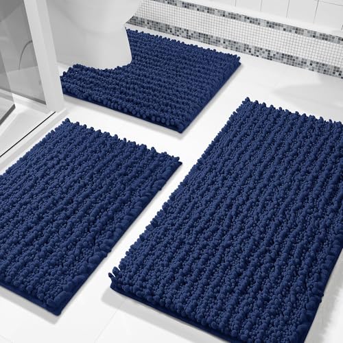 Yimobra Bathroom Rug Set 3 Piece - Super Absorbent Quick Dry Chenille Bath Mats & Toilet Rug, Non Slip Machine Washable, Extra Thick Shaggy Floor Mat for Shower Tub Sink, Navy Blue - color: Navy Blue, size: 24"x17" + 24"x20" + 30"x20"
