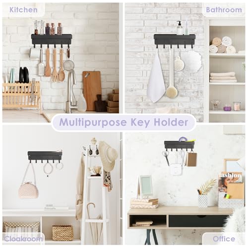 VIS'V Key Holder Wall Mount, Adhesive Key Rack with Tray, 6 Hooks, Black | 2 Mount Options, Compact Discreet Design, Suitable for Entryway, Hallway, Doorway, Kitchen, Garage, Camper - color: Black