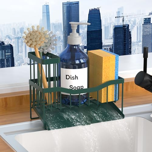 Fssvcd Maifan Sink Caddy Sponge Holder for Kitchen with Brush Holder and Stainless Steel Self Drain Tray, Rustproof Kitchen Sink Organizer for Sponge, Soap Dispenser Storage Accessories Dark Green - color: Dark Green
