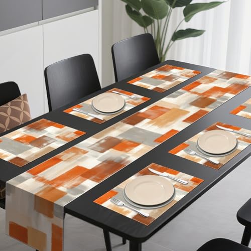 WADORN Orange Grey Watercolor Table Runner and Placemats Set of 6, Abstract Orange Gray Texture Washable Kitchen Dinning Table Decoration Modern Art Painting Dining Settings for Home Farmhouse Party - size: Orange Grey Art