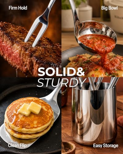 Zulay Kitchen Stainless Steel Cooking Utensil - Stainless Steel Kitchen Utensil - Durable Kitchen Gadgets - Metal Kitchen Accessories - Easy to Clean Kitchen Tools - 8 Piece Set - size: 8 Piece Set