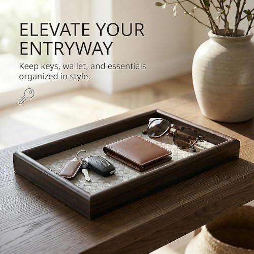 Wooden Valet Tray with Leather Base - Nightstand Catchall Organizer for Cologne, Perfume, Keys, Wallet, Phone, Watch, Jewelry & Sunglasses (Llight Gray) - color: Llight Gray