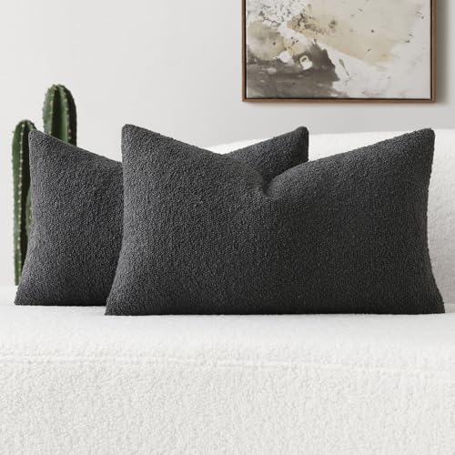 FUTEI Pack of 2 Boucle Textured Throw Pillow Covers 12x20 Inch, Dark Grey | Decorative Textured Neutral Pillow Covers, Machine Washable, Colorfast,Accent Solid Couch Throw Pillows Sofa Bed Living Room - color: Dark Grey, size: 20" x 12" (Pack of 2)