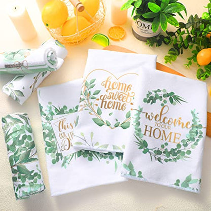 Redbaker 6 Pcs Eucalyptus Kitchen Towels Sage Green Farmhouse Dishcloth | Decorative Dish Cloths with Gold Quotes, Spring Kitchen Decor, Absorbent for Bathroom, Tea Towel Style, Housewarming Gifts - style: Eucalyptus Leaf
