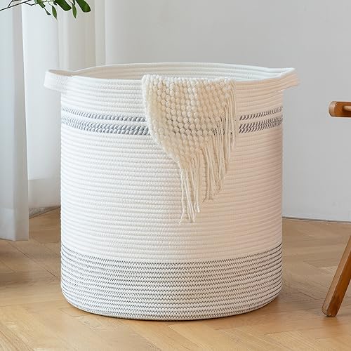 OIAHOMY 80L Laundry Basket, Laundry Hamper, Cotton Rope Storage Basket with Handles, Decorative Woven Basket for Living Room,Storage Baskets for Clothes, Blankets, and Toys -20''×18'', White&Gray - color: Light Grey, size: 18*18*20in