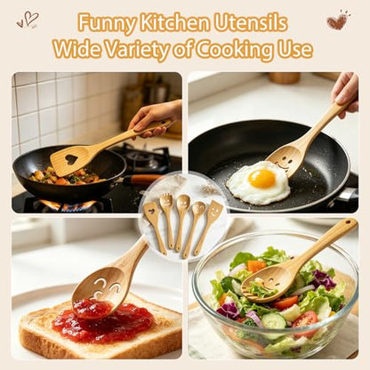 Smiley Face Wooden Spoons Set, 5-Piece Organic Bamboo Cooking Utensils | Cute Kitchen Gadgets with Smooth Splinter-Free Finish, Heat Resistant Funny Spatula for Daily Cooking & Gifting