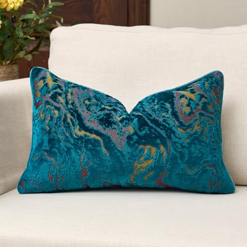 12x20 Pillow Cover, Blue Velvet Lumbar Pillow Cover for Modern Decor | Neutral Patterned Decorative Accent for Couch Sofa Living Room Bedroom, Rectange Jacquard Cushion Cover with Luxury & Visual - color: Peacock Blue, size: 20" x 12" (Pack of 1)