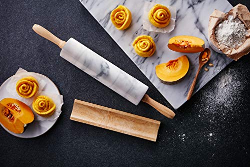 JEmarble Pastry Board 16x20 inch Set with Rolling Pin/Wooden Handles 18 inch(White) Non-Slip Rubber Feets for Stability Perfect for Keep the Dough Cool and Chocolate Tempering(Premium Quality) - size: 20"L x 16"W (Set with Rolling Pin)