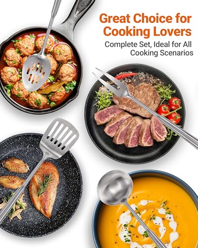 304 Stainless Steel Kitchen Utensils Set - 15PCS Long Metal Cooking Utensil Serving Utensils Set, Masher, Whisk, Turner, Serving Spoon, Fork, Tongs, Skimmer, Ladle, etc (Dishwasher Safe)