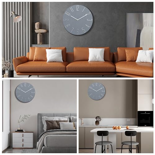 12 Inch Wall Clock Silent Non Ticking, 3D Relief Numbers Modern Style Decor Clock for Living Room Bedroom Kitchen Home Office School (Blue Grey)