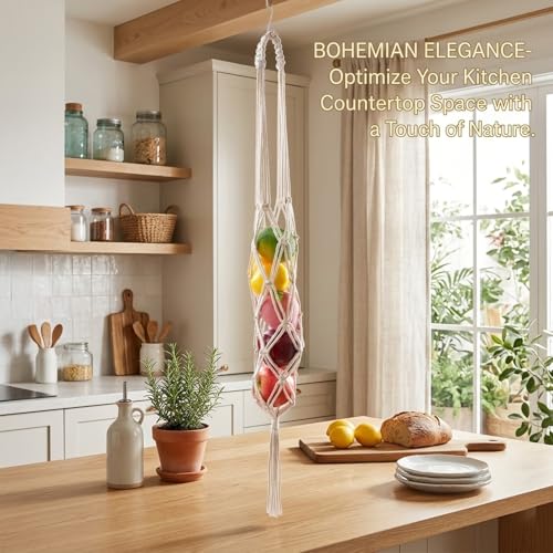 2 Pack Cotton Rope Hanging Fruit Basket - 3 Tier Storage Organizer for Kitchen, Macrame Plant Hanger, Decorative Boho Style Produce Holder with Hooks and Screws for Plants, Vegetable, Onion, Potato