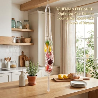 2 Pack Cotton Rope Hanging Fruit Basket - 3 Tier Storage Organizer for Kitchen, Macrame Plant Hanger, Decorative Boho Style Produce Holder with Hooks and Screws for Plants, Vegetable, Onion, Potato