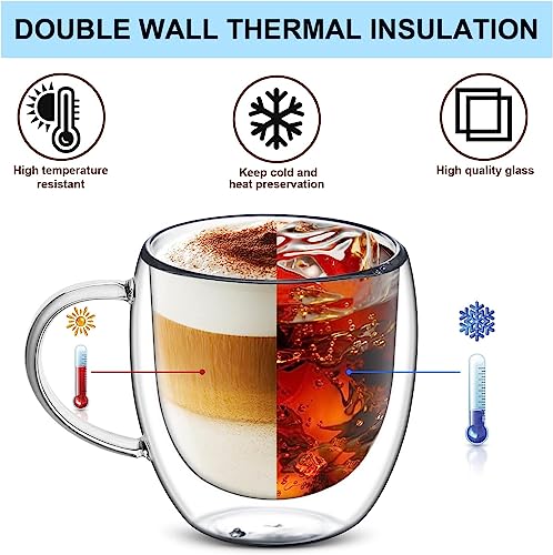 8 oz/250ml Double Walled Glass Coffee Mugs, Clear Coffee Cups and Mugs Set of 4, Cappuccino Latte Macchiato Glasses Cups with Handle, Espresso Mug Cups for Latte, Hot/Cold Drink - size: 8 oz/250ml