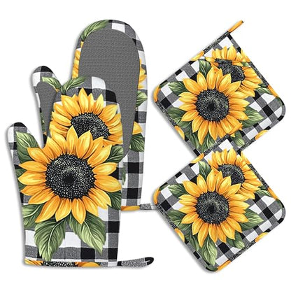 Sunflower Flower Potholders & Oven Mitts Sets Black White Check Plaid Silicone Heat Resistant Oven Mits and Hot Pads Non-Slip Pot Holders Gloves for Kitchen Chef Cooking Baking Grilling BBQ - color: Sunflower Flower,black White Check Plaid