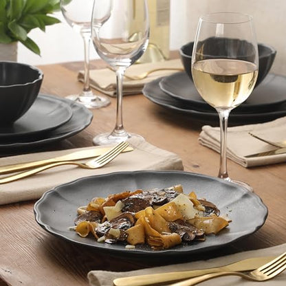Gibson Elite Vista Rossio - Made In Portugal - 12 Piece Dinnerware Set for 4, Black Ceramic Plates and Bowls Sets, Stoneware Dishware Set with Scalloped Edge, Dinner Plates Salad Plates & Cereal Bowls - color: Black (Vista Rossio Dinnerware)