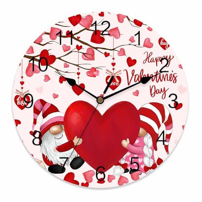Happy Valentine's Day Silent PVC Wall Clock 12 Inch Gnomes Round Wall Clock Red Love Heart Tree Hanging Clock for Kitchen Non Ticking Battery Operated Living Room Pink Mute Clock - color: Gnomecbt5750, size: 12x12inch(30x30cm)