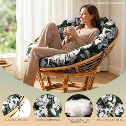 ARTPLAN Round Papasan Chair Cushion Tufted Swing Seat Pad with Ties,Floral | 47"x47"x4"tufted round chair cushion, polyester cover&fluffy fiber fill, fixed ties fit papasan, swing&wicker indoor chairs - color: White Flowers