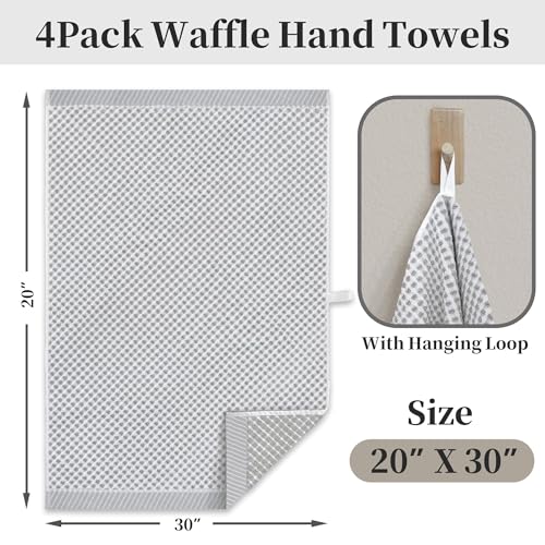 VOOVA & MOVAS Waffle Bathroom Hand Towels 4PC 20"x30", 100% Cotton | Luxury Texture, Quick Dry, Lightweight, Durable, with Hanging Loop, Essential Bathroom Supply, White and Gray Waffle Design - color: White + Gray, size: 4PC Hand Towels