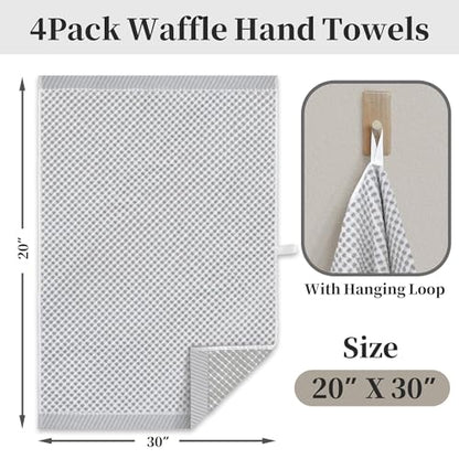 VOOVA & MOVAS Waffle Bathroom Hand Towels 4PC 20"x30", 100% Cotton | Luxury Texture, Quick Dry, Lightweight, Durable, with Hanging Loop, Essential Bathroom Supply, White and Gray Waffle Design - color: White + Gray, size: 4PC Hand Towels