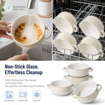26 Oz Soup Bowls with Handles, French Onion Soup Crocks, Ceramic Soup Bowls Set of 4, Embossed Stackable Bowl for Chili, Beef Stew, Pasta, Casseroles Dish, 6 inch, Oven Dishwasher Safe
